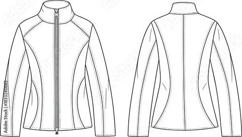 PrintFitted jacket sketch, fashion illustration, high collar, zipper front, panel seam, long sleeve, technical drawing, garment construction, black white outline