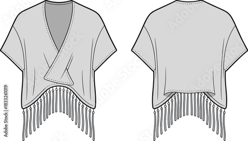 PrintWomen's Fashion Flat Drawing of a Wrap Top or Poncho with Fringed Hem, Deep V-Neck, and Short Kimono Sleeves, Technical Apparel Template.