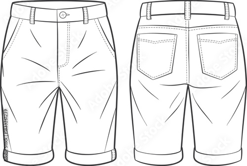 PrintWomen's Fashion Flat Technical Drawing Template of Bermuda Chino Shorts with Cuffed Hem, Slant Pockets, and Back Welt Pockets.