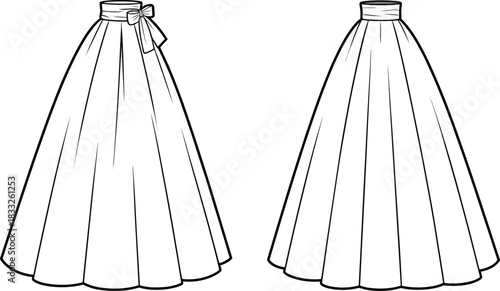 PrintWomen's Full Flared Maxi Skirt Technical Fashion Flat Sketch with Waistband and Bow, Front and Back View CAD Template Vector.