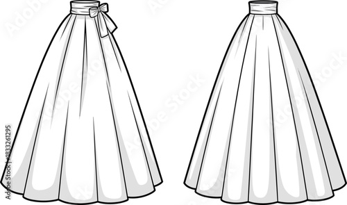 PrintWomen's Full Maxi Skirt Technical Fashion Flat Sketch Vector: Front and Back Views with Waistband and Decorative Tie-Bow for CAD Garment Design, Technical Drawing, Apparel Template.