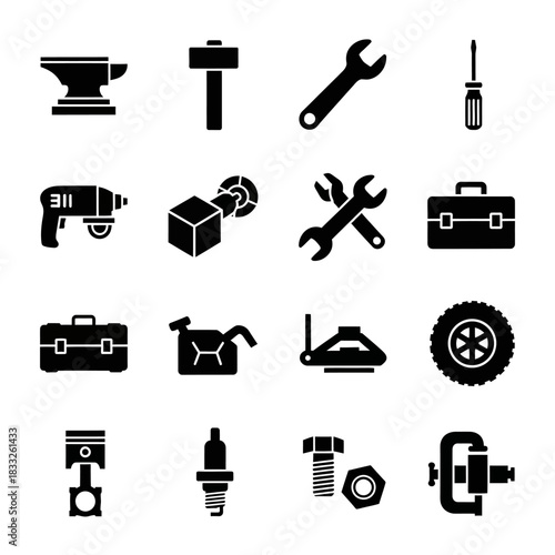 Assortment of Black and White Automotive and Mechanical Tools Icons.