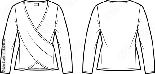 PrintWomen's Wrap-Style Long Sleeve Top Technical Fashion Flat Sketch Vector Front and Back Views with V-Neckline and Crossover Detail for CAD Garment Design, Technical Drawing, Apparel Template.