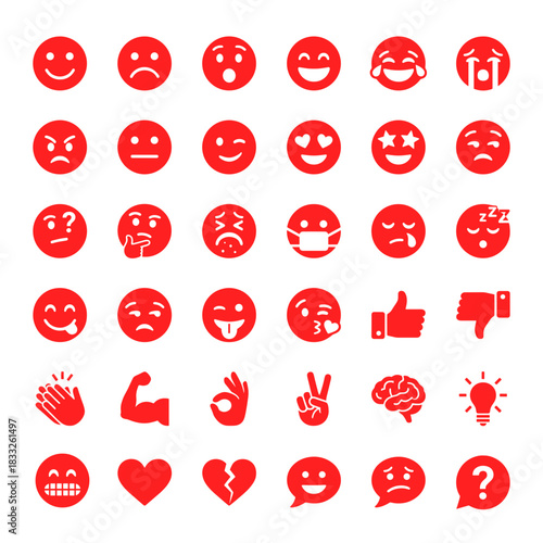 Set of emoji, emotion, and gesture vector flat icons collection. Icons for feelings, reactions, communication, body language, and social media themes.