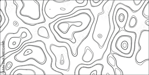 Black and white abstract contour line art, resembling a topographical map or cellular structure with irregular, organic shapes and bold black outlines, ideal for graphic design, scientific
