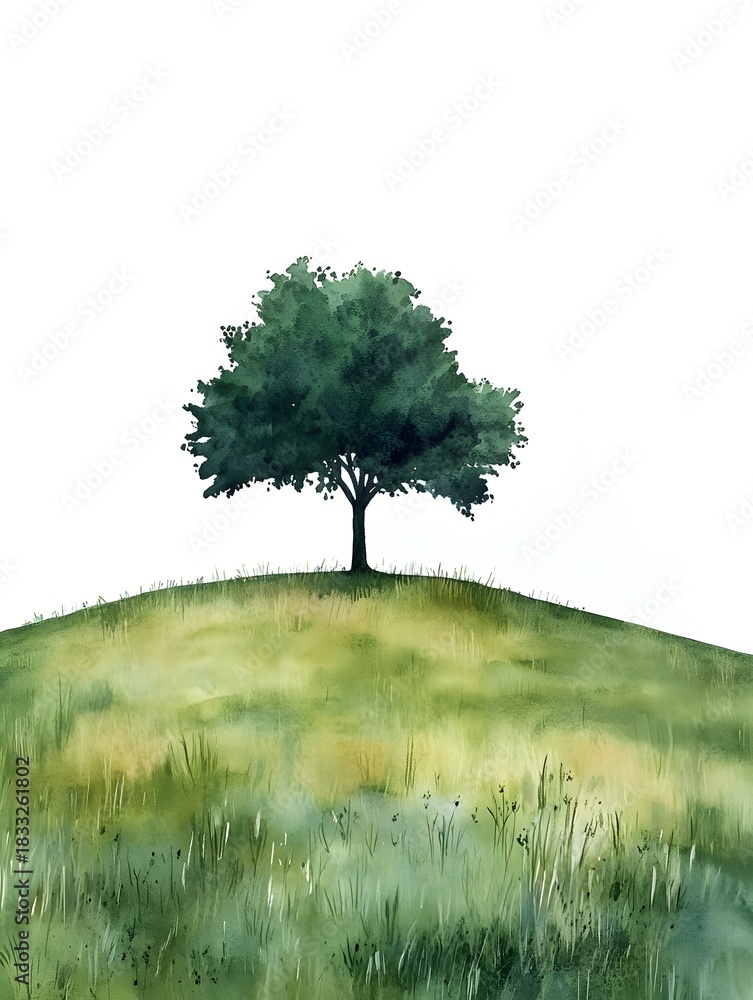 Fototapeta premium Single deciduous tree crowns a rolling grassy hill under a bright sky