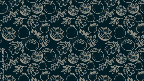 Seamless fruit outline pattern with citrus slices, apples, orange and leaves on a dark background perfect for textiles, packaging and decor.