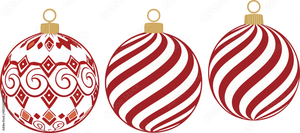 Fototapeta premium Elegant New Year’s baubles with sparkling finishes and modern designs. Vector illustration, clean, no background, premium resolution.