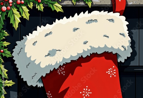 Festive Red Stocking with White Fur Trim Hanging Amidst Green Holly and Red Berries in a Classic Christmas Setting