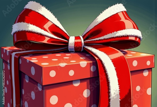 Vibrant Red Gift Box with Polka Dots and a Large Fluffy Ribbon Bow Evokes Festive Celebration and Joyful Giving Spirit