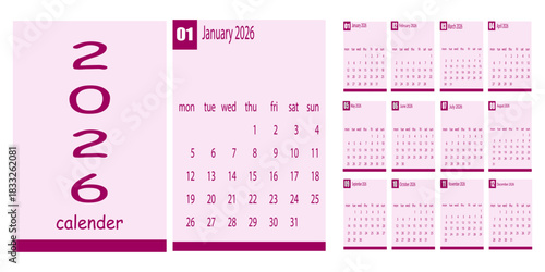 Calendar for year 2026 in purple color vector design template