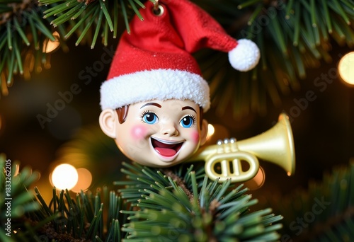 Festive Ornament Featuring a Joyful Boy with Santa Hat and Trumpet Amidst Evergreen Christmas Tree Branches with Twinkling Lights