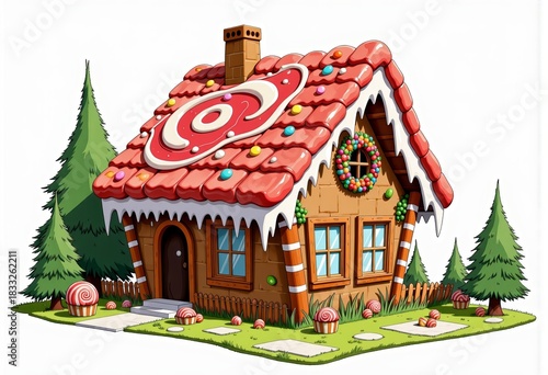 Whimsical Candy-Covered Gingerbread House Nestled Among Evergreen Trees with Red Swirl Candy Roof and Lollipop Accents in a Festive Fantasy Setting