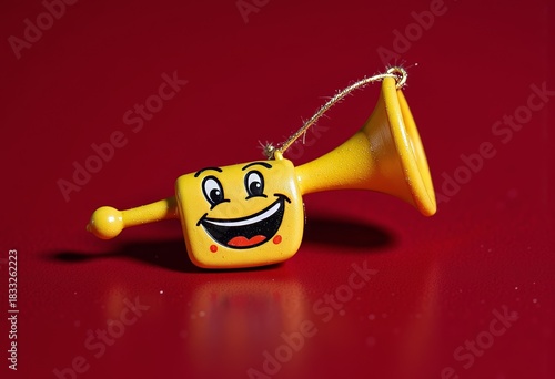 Bright yellow smiling party horn with cartoon face lying on vibrant red background evokes cheerful celebration mood