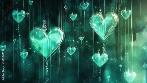 Abstract digital art background featuring glowing, translucent teal heart shapes suspended against a dark, ethereal backdrop with vertical light streaks and bokeh 4k video