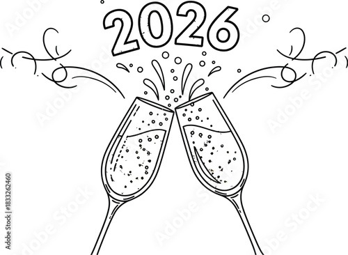 Toasting to 2026 new year with champagne glasses and golden glitter on white background