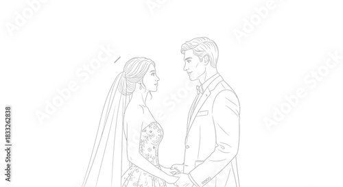 Bride and groom with halos holding hands in front of a heart illustration