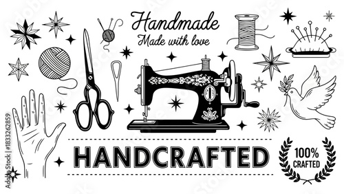 Collection of hand drawn sewing and crafting labels isolated on white background