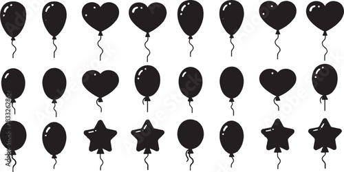 Black balloon grid, educational puzzle, visual pattern, heart star oval shapes, kids activity, symmetry, repetition, black silhouette, isolated icons