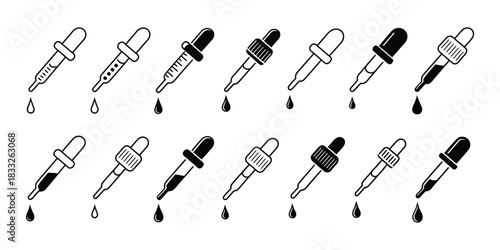 Dropper Icon Set In Clean Minimal Vector Style Featuring Tincture Picker Symbols, Liquid Pipette Elements, And Medical Tool Illustrations For Lab Graphics, Healthcare Design