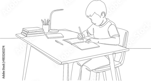 Boy studying and writing in notebook with continuous line art illustration