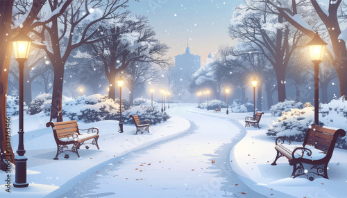 Snowy park path glowing under warm winter lamps. Peaceful winter walkway lined with frosted benches. Soft snowfall brightening a serene evening park. Quiet winter path illuminated by cozy streetlights