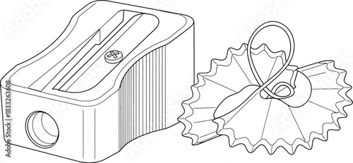 Pencil sharpener and shavings illustration on a white background for education