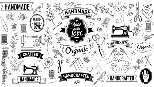 Collection of hand drawn sewing and crafting labels isolated on white background