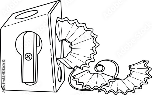 Pencil sharpener with shavings on a white background in a line art illustration