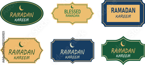 Set of six Ramadan Kareem label designs in various colors and shapes