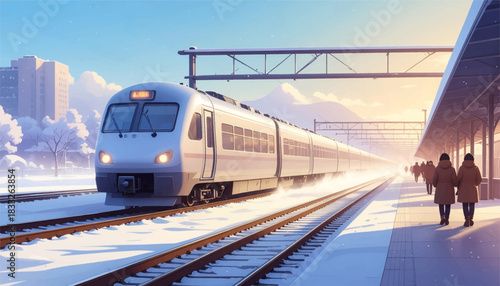 High-speed train arriving on a snowy winter morning. Modern train gliding through a frost-covered station. Winter rail journey captured in soft golden sunlight