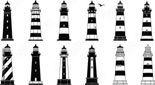 Set of Black and White Lighthouse Silhouettes Vector Collection, Coastal Tower Navigation Beacon Icons, Nautical Safety Architecture Graphics, Sea Ocean Coast Symbol.Set of Black and White 
