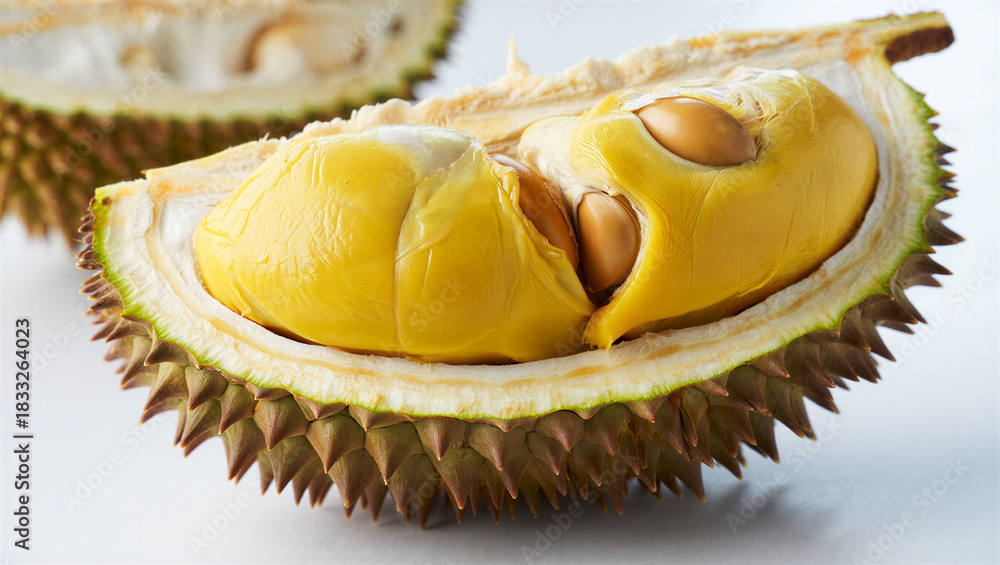 Obraz premium Fresh, ripe, sweet durian fruit cut in half on a white isolated background.