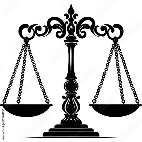Justice Emblem: An ornate scales of justice in a monochromatic style, symbolizing fairness and the core values of the legal system. The intricate design captures the essence of law, order.