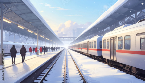 Winter train station glowing with bright morning frost. Snowy platform scene with travelers and departing train. Frosted railway station under soft winter sunlight