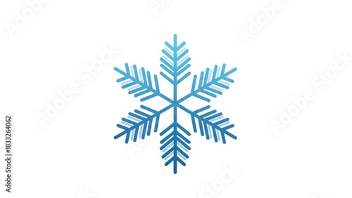 A stylized blue snowflake with six points and a gradient of light to dark blue isolated on a clean white background representing winter and cold