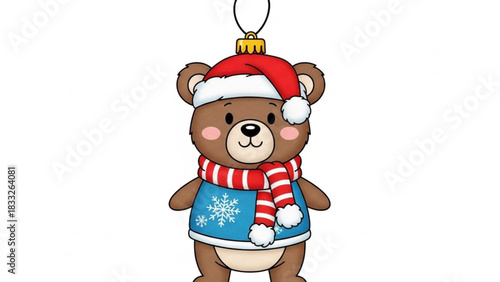 Cute cartoon brown teddy bear wearing a red santa hat and a blue snowflake sweater with a red and white striped scarf isolated on white background festive christmas ornament illustration