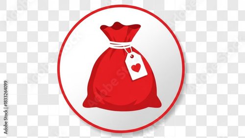 A red gift bag with a white tag and a red heart symbol tied with white ribbon presented in a circular frame with a red border on a transparent background