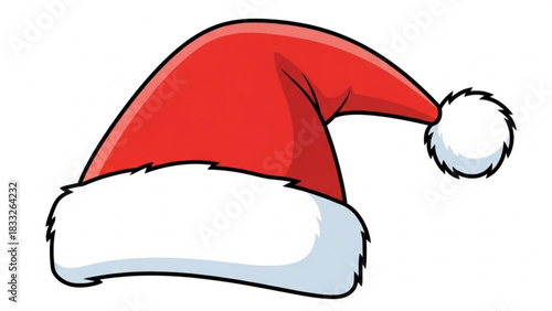A classic red santa hat with a white fluffy trim and a pom pom on the end isolated on a white background perfect for holiday designs and celebrations
