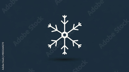 A minimalist white snowflake icon with a subtle shadow against a dark navy blue background representing winter cold and seasonal change