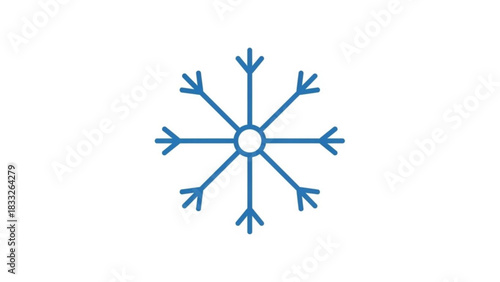 A simple stylized blue snowflake icon with sharp points and a circular center isolated on a clean white background representing winter and cold weather