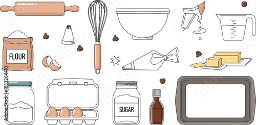 Essential Baking Ingredients and Kitchen Tools Vector Illustration for Culinary Design Projects