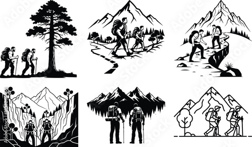 Mountain Hiking & Adventure Silhouette Set – Outdoor Trekking, Camping and Exploration Scenes