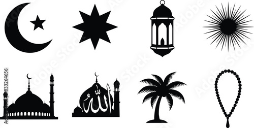 Islamic symbols collection mosque crescent star lantern palm tree beads
