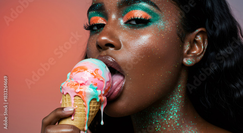 African american woman licking ice cream cone. Glitter makeup for party or festival. Fast food advertising for dessert shop.