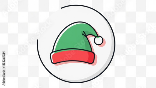 A festive green and red elf hat with a white pom pom sits within a circular outline on a subtle checkered background perfect for holiday celebrations