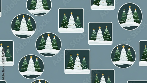 Festive christmas tree pattern featuring decorated evergreen trees in snow with golden stars on a subtle blue background