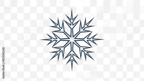A single stylized dark blue snowflake graphic with sharp geometric points set against a transparent checkered background symbolizing winter and cold