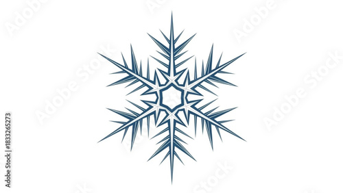 A stylized geometric six pointed snowflake design with sharp angular branches and a central hexagonal pattern rendered in a deep blue outline against a clean white background
