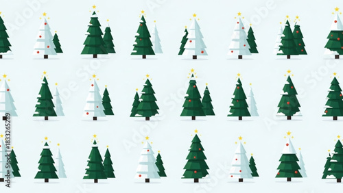 A festive collection of stylized christmas trees in varying sizes and decorations including snow ornaments and stars set against a light blue background